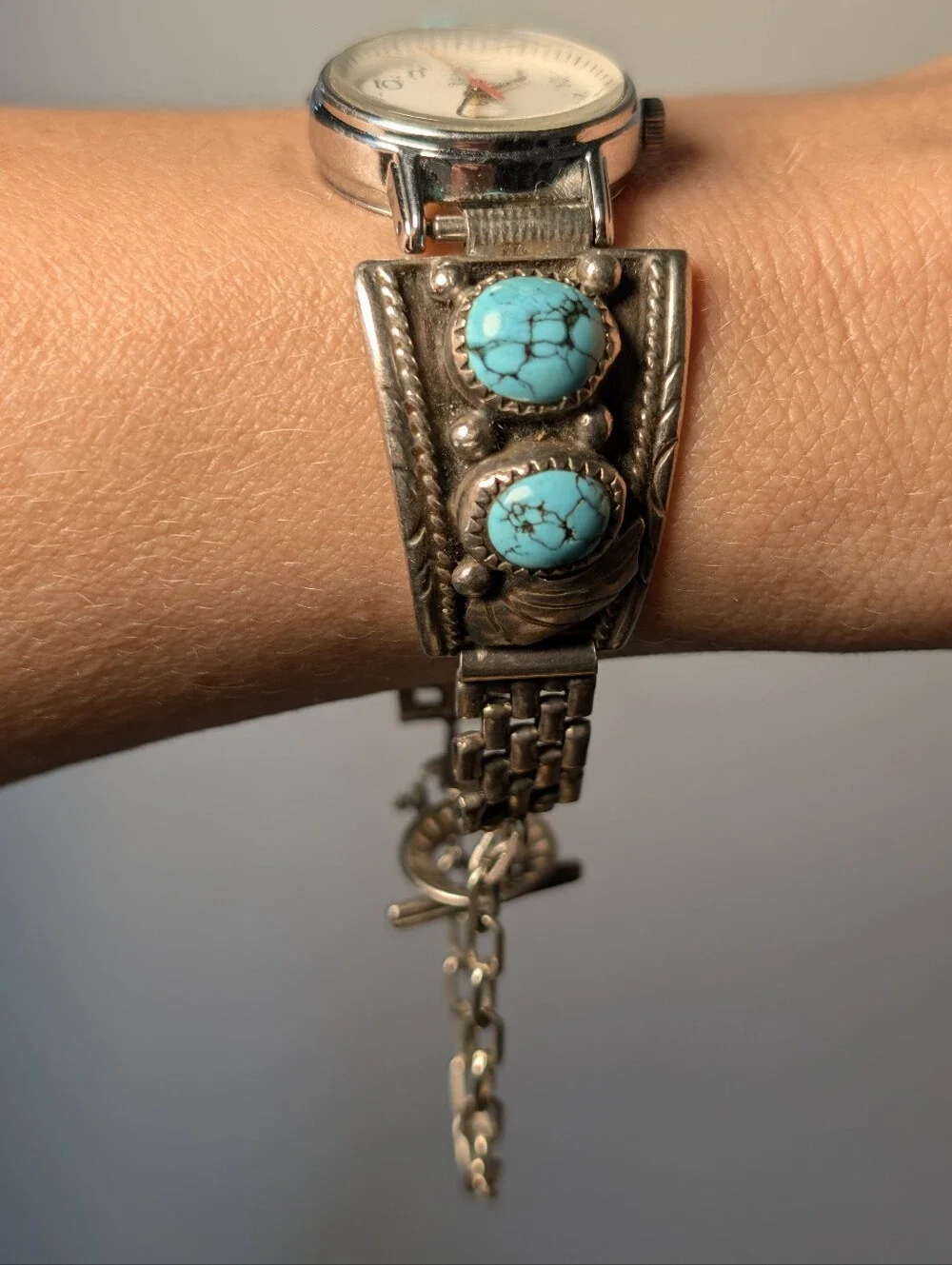Vintage Navajo Sterling Silver Turquoise Timex Indiglo Watch - Signed Native - Picture 2 of 10